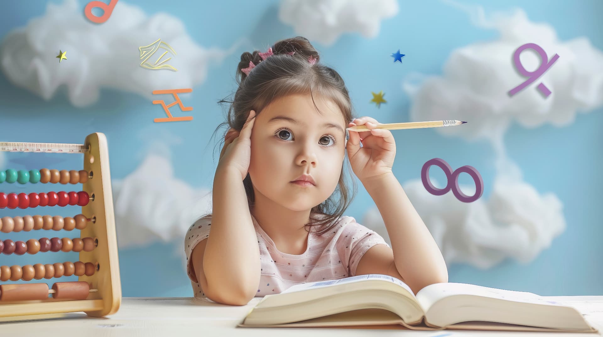 Young girl at a desk with a wooden abacus and an open book, with clouds and maths symbols behind her