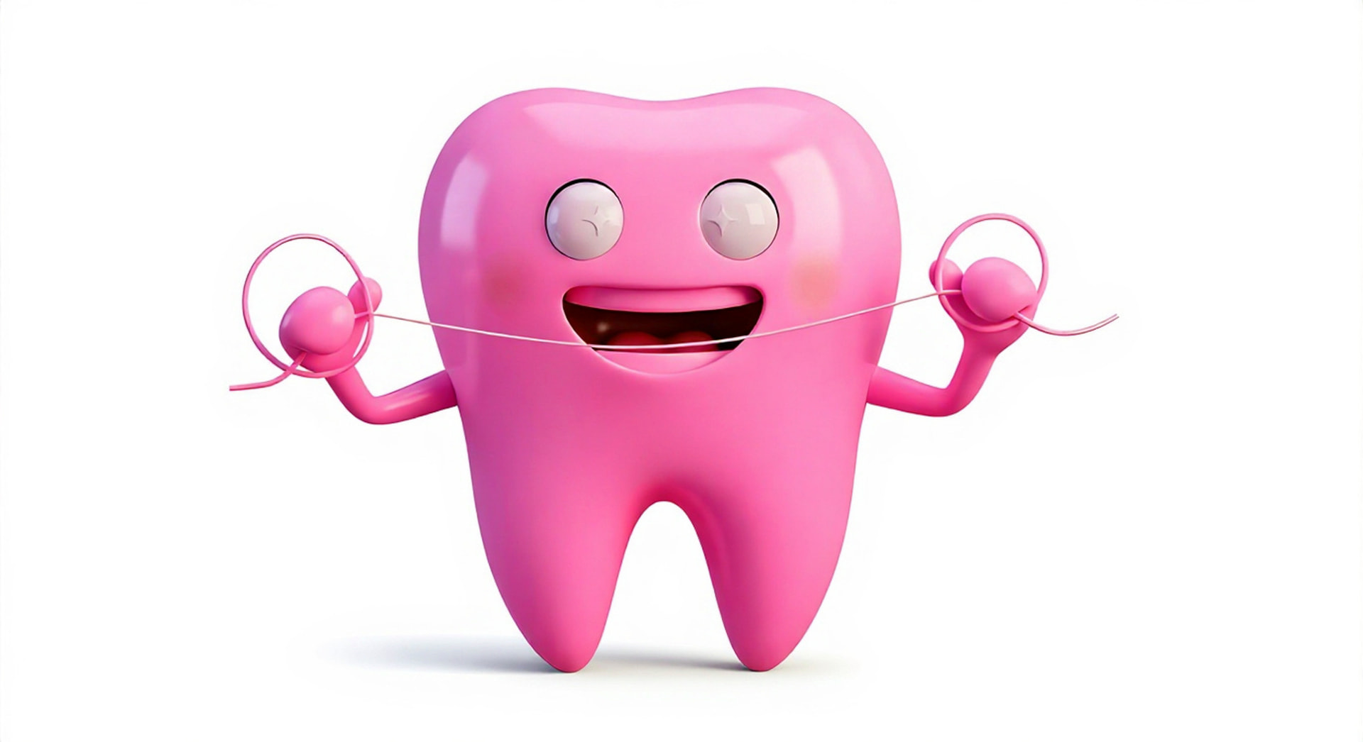 Pink cartoon tooth character holding dental floss, smiling