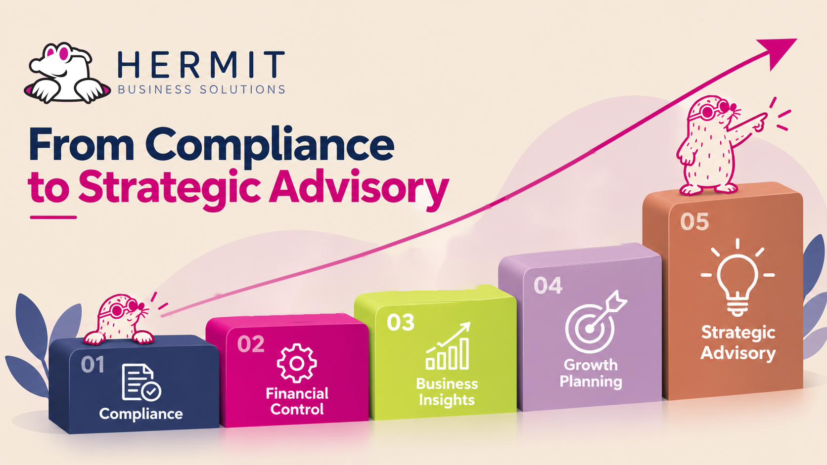 Five colourful steps showing the progression from compliance accounting to strategic business advisory