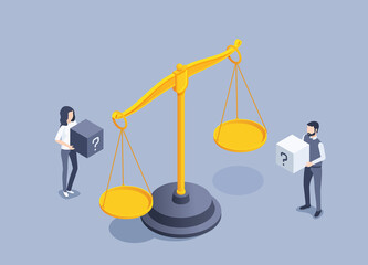Illustration of a balance scale weighing two boxes marked with question marks, representing the comparison between price and value