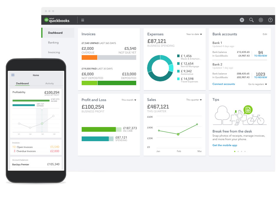 QuickBooks dashboard on desktop and mobile